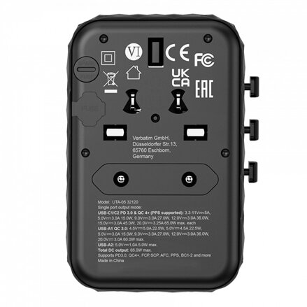 Verbatim, Cestovní adaptér univerzální World-to-World UTA-05 2x USB-C PD, QC 4+ a 2x USB-A, černá, 65 W