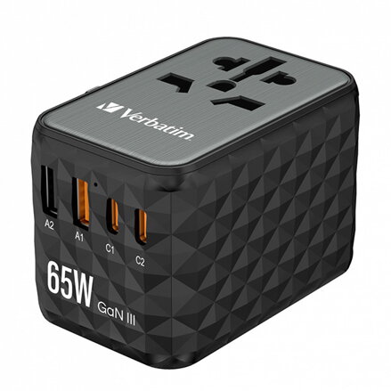 Verbatim, Cestovní adaptér univerzální World-to-World UTA-05 2x USB-C PD, QC 4+ a 2x USB-A, černá, 65 W
