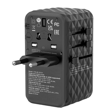 Verbatim, Cestovní adaptér univerzální World-to-World UTA-06 2x USB-C PD, QC 4+ a 2x USB-A QC 3.0, černý, 100 W