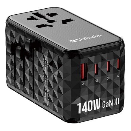 Verbatim, Cestovní adaptér univerzální UTA-10 GaN III 2x USB-C PD a QC 4+, 1x USB-C PD 3.0, 1x USB-A QC, černý, 140 W