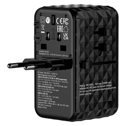 Verbatim, Cestovní adaptér univerzální UTA-10 GaN III 2x USB-C PD a QC 4+, 1x USB-C PD 3.0, 1x USB-A QC, černý, 140 W