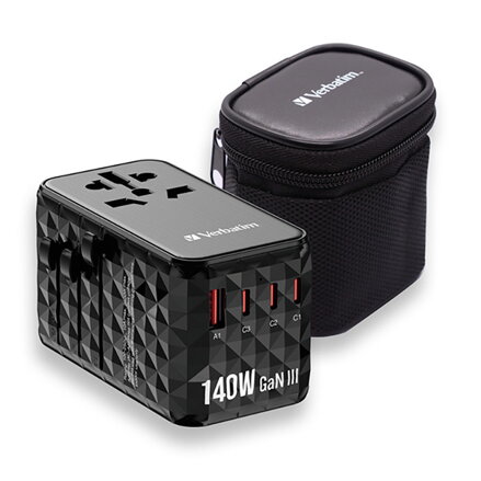 Verbatim, Cestovní adaptér univerzální UTA-10 GaN III 2x USB-C PD a QC 4+, 1x USB-C PD 3.0, 1x USB-A QC, černý, 140 W