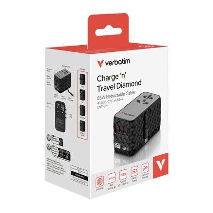 Verbatim, Cestovní adaptér univerzální CNT-02 GaN III 3x USB-C PD QC 4+, 1x USB-C kabel, 1x USB-A QC, černý, 85W