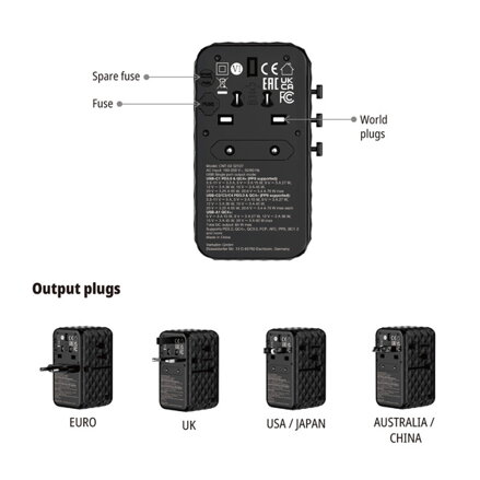 Verbatim, Cestovní adaptér univerzální CNT-02 GaN III 3x USB-C PD QC 4+, 1x USB-C kabel, 1x USB-A QC, černý, 85W