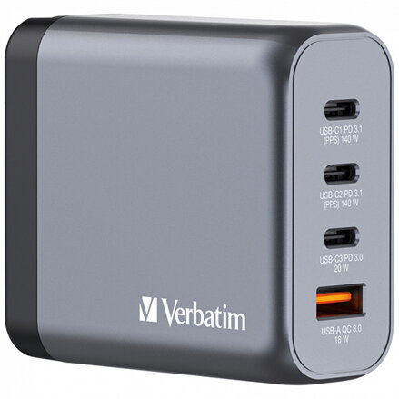 Verbatim, GaN cestovní nabíječka do sítě USB 3.0, USB C, šedá, 140 W, vyměnitelné vidlice C,G,A