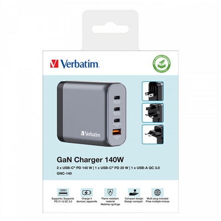 Verbatim, GaN cestovní nabíječka do sítě USB 3.0, USB C, šedá, 140 W, vyměnitelné vidlice C,G,A