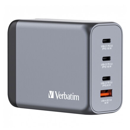 Verbatim, GaN cestovní nabíječka do sítě USB 3.0, USB C, šedá, 200 W, vyměnitelné vidlice C,G,A