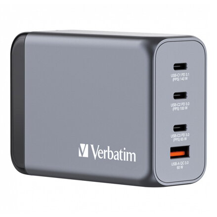 Verbatim, GaN cestovní nabíječka do sítě USB 3.0, USB C, šedá, 240 W, vyměnitelné vidlice C,G,A