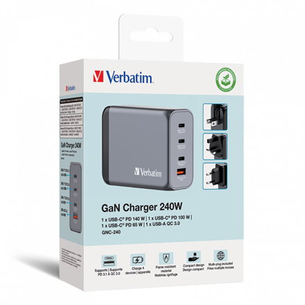 Verbatim, GaN cestovní nabíječka do sítě USB 3.0, USB C, šedá, 240 W, vyměnitelné vidlice C,G,A