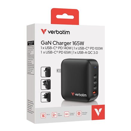 Verbatim, GaN cestovní nabíječka do sítě USB 3.0, USB C, šedá, 165 W, vyměnitelné vidlice C,G,A