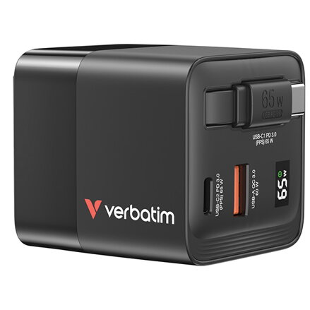 Verbatim, GaN cestovní nabíječka do sítě USB 3.0, USB C, šedá, 65 W, vyměnitelné vidlice C,G,A s integrovaným kabelem