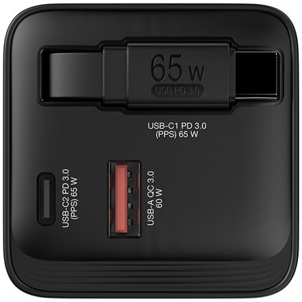 Verbatim, GaN cestovní nabíječka do sítě USB 3.0, USB C, šedá, 65 W, vyměnitelné vidlice C,G,A s integrovaným kabelem