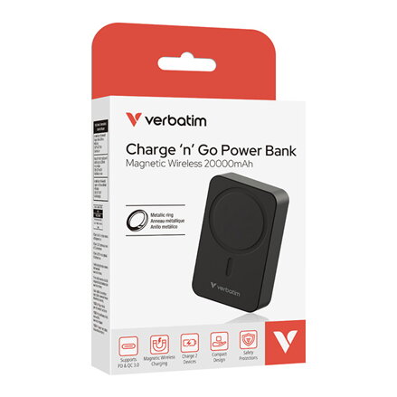 Verbatim, power banka s bezdrátovým nabíjením, 5V, nabíjení telefonu, 32223, 20000mAh, magnetické připevnění, Černá