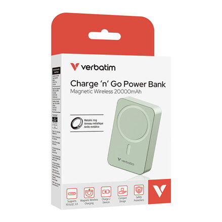 Verbatim, power banka s bezdrátovým nabíjením, 5V, nabíjení telefonu, 32224, 20000mAh, magnetické připevnění, Zelená