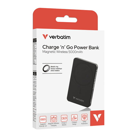 Verbatim, power banka s bezdrátovým nabíjením, 5V, nabíjení telefonu, 32225, 5000mAh, magnetické připevnění, Černá