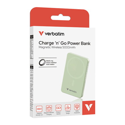 Verbatim, power banka s bezdrátovým nabíjením, 5V, nabíjení telefonu, 32226, 5000mAh, magnetické připevnění, zelená