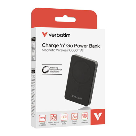 Verbatim, power banka s bezdrátovým nabíjením, 5V, nabíjení telefonu, 32227, 10000mAh, magnetické připevnění, Černá