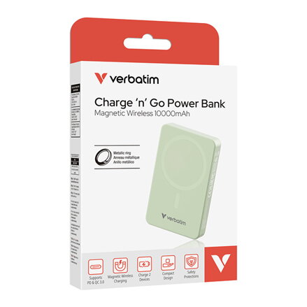 Verbatim, power banka s bezdrátovým nabíjením, 5V, nabíjení telefonu, 32228, 10000mAh, magnetické připevnění, Zelená