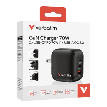 Verbatim, GaN cestovní nabíječka do sítě USB 3.0, USB C, šedá, 70W, vyměnitelné vidlice C,G,A