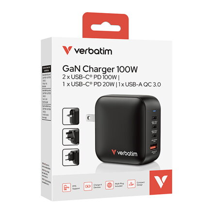 Verbatim, GaN cestovní nabíječka do sítě USB 3.0, USB C, šedá, 100 W, vyměnitelné vidlice C,G,A