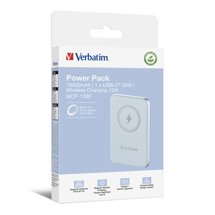 Verbatim, power banka s bezdrátovým nabíjením, 5V, nabíjení telefonu, 32247, 10 000mAh, magnetické připevnění, modrá