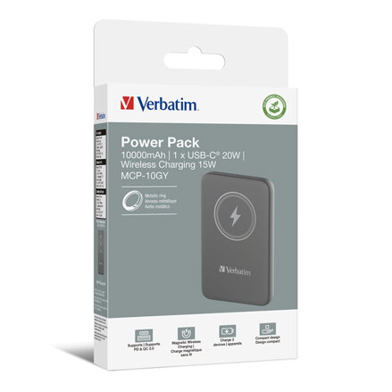 Verbatim, power banka s bezdrátovým nabíjením, 5V, nabíjení telefonu, 32249, 10 000mAh, magnetické připevnění, šedá