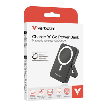 Verbatim, power banka s bezdrátovým nabíjením, 5V, nabíjení telefonu, 32264, 10 000mAh, magnetické připevnění, černá