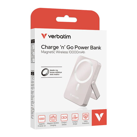 Verbatim, power banka s bezdrátovým nabíjením, 5V, nabíjení telefonu, 32267, 10 000mAh, magnetické připevnění, růžová