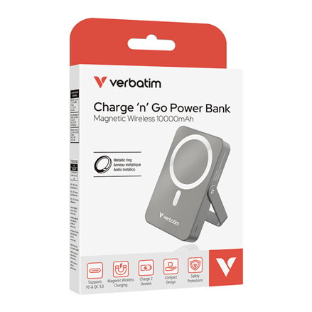 Verbatim, power banka s bezdrátovým nabíjením, 5V, nabíjení telefonu, 32268, 10 000mAh, magnetické připevnění, Šedá