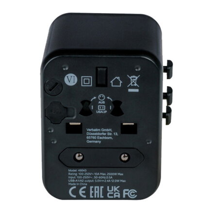 Verbatim, Cestovní adaptér univerzální World-to-World UTA-01 USB-A, černý, 12 W