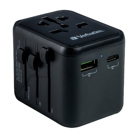 Verbatim, Cestovní adaptér univerzální World-to-World UTA-02 USB-A, USB-C, černý, 20 W