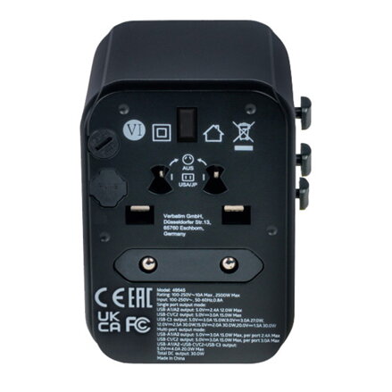 Verbatim, Cestovní adaptér univerzální World-to-World UTA-03 USB-A, USB-C, černý, 30 W