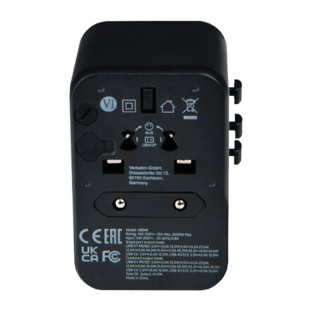Verbatim, Cestovní adaptér univerzální World-to-World UTA-04 USB-A, USB-C, černý, 61 W