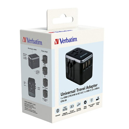 Verbatim, Cestovní adaptér univerzální World-to-World UTA-04 USB-A, USB-C, černý, 61 W