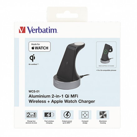 Verbatim, Nabíjecí stojan 2 v 1, pro iPhone a hodinky Apple Watch, černá, 9V, 20W, Certifikace MFi a Qi