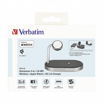 Verbatim, Nabíjecí stojan 3 v 1, pro iPhone a hodinky Apple Watch, černá, 15V, 44W, Certifikace MFi a Qi, DOPRODEJ Verbatim, Nabíjecí stojan 3 v 1, pro iPhone a hodinky Apple Watch, černá, 15V, 44W, Certifikace MFi a Qi, DOPRODEJ