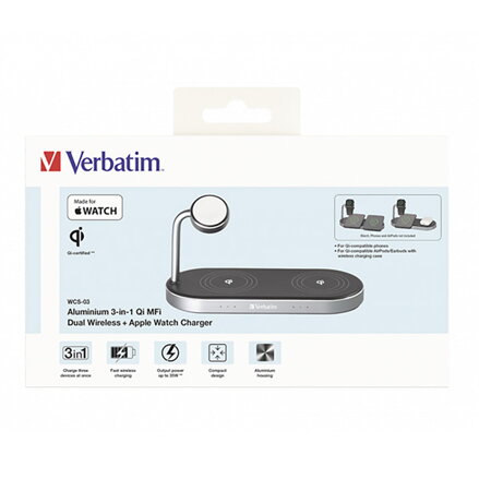 Verbatim, Duální nabíjecí podložka 3 v 1, pro dva telefony iPhone a hodinky Apple Watch, černá, 9V, 35W, Certifikace MFi a Qi, DOP Verbatim, Duální nabíjecí podložka 3 v 1, pro dva telefony iPhone a hodinky Apple Watch, černá, 9V, 35W, Certifikace MFi a Qi, DOP