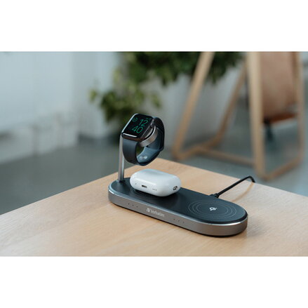 Verbatim, Duální nabíjecí podložka 3 v 1, pro dva telefony iPhone a hodinky Apple Watch, černá, 9V, 35W, Certifikace MFi a Qi, DOP Verbatim, Duální nabíjecí podložka 3 v 1, pro dva telefony iPhone a hodinky Apple Watch, černá, 9V, 35W, Certifikace MFi a Qi, DOP