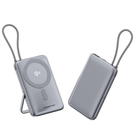 Powerton ENERGY MAGCORE bezdrátová magnetická powerbanka 10000mAh, 1x USB-C, 22.5W, integrovaný kabel USB-C, Stříbrná