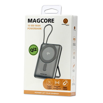 Powerton ENERGY MAGCORE bezdrátová magnetická powerbanka 10000mAh, 1x USB-C, 22.5W, integrovaný kabel USB-C, Stříbrná