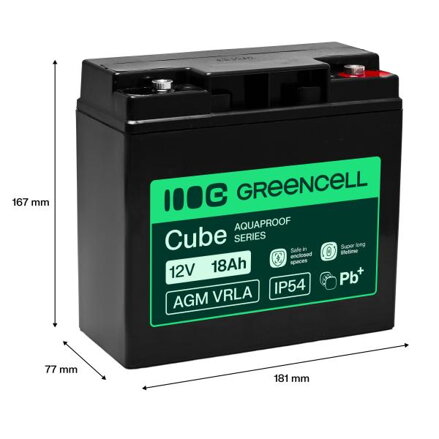 Greencell AGM VRLA 12V 18Ah maintenance-free baterie pro cash registers, kamery (181x77x167mm)