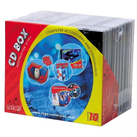 Box na 1 ks CD, průhledný, černý tray, Logo, 10,4 mm, 10-pack