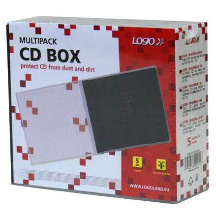 Box na 1 ks CD, průhledný, černý tray, Logo, 10,4 mm, 5-pack, DOPRODEJ