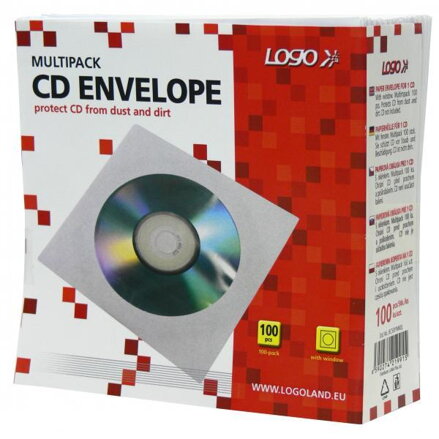 Obálka na 1 ks CD, papír, bílá, s okénkem, Logo, 100-pack