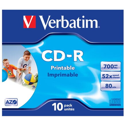 Verbatim 43325, DataLife PLUS, 700 Super Azo, 80min., CD-R, 12cm, Wide Printable, jewel box, Standard, 52x, 10-pack, pro archivaci Verbatim 43325, DataLife PLUS, 700 Super Azo, 80min., CD-R, 12cm, Wide Printable, jewel box, Standard, 52x, 10-pack, pro archivaci