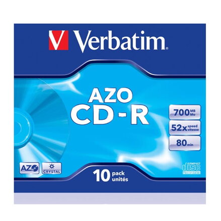 Verbatim CD-R, 43327, AZO Crystal, 10-pack, 700MB, 52x, 80min., 12cm, bez možnosti potisku, jewel box, pro archivaci dat