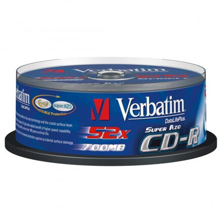 Verbatim CD-R, 43352, AZO Crystal, 25-pack, 700MB, 52x, 80min., 12cm, bez možnosti potisku, cake box, pro archivaci dat