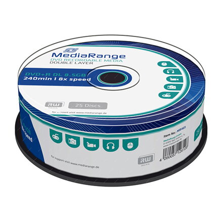 Mediarange DVD+R, MR469, 8.5GB, 8x, cake box, 25-pack, bez možnosti potisku, 12cm, Double Layer, pro archivaci dat