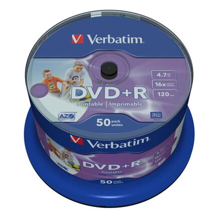 Verbatim DVD+R, Wide Inkjet Printable No ID Brand, 43512, 4.7GB, 16x, spindle, 50-pack, 12cm, pro archivaci dat