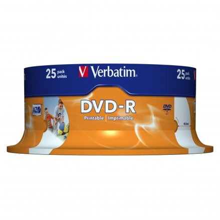 Verbatim DVD-R, Wide Inkjet Printable ID Brand, 43538, 4.7GB, 16x, spindle, 25-pack, 12cm, pro archivaci dat